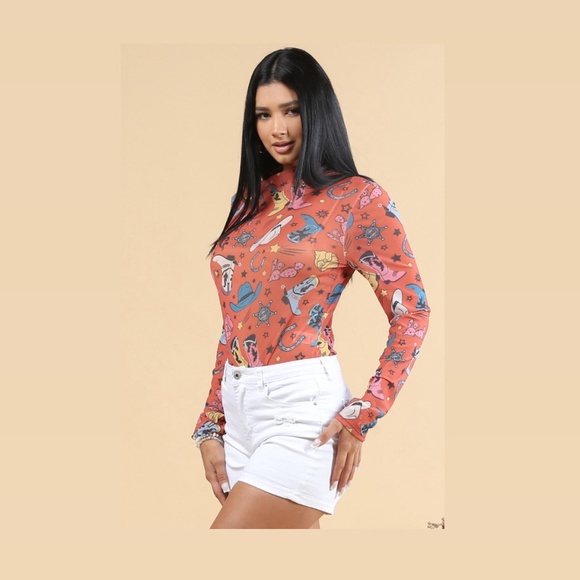 Mesh, Colorful Multi-Boots Mock Neck Bodysuit Large - Picture 6 of 7